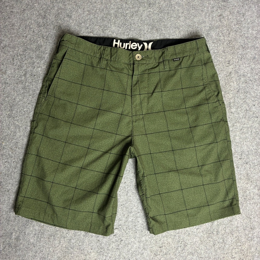 Hurley Mens Size 32x9 Hybrid Walk Shorts Olive Green Windowpane Grid Beach Skate